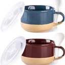 GBhome Ceramic Soup Mugs with Handles and Lids,24 OZ Soup Cups Set of 2 with Terracotta Underside,Mug Bowls with Spoon for Soup/Cereal/Salad/Noodles/Ramen/Microware &Dishwasher Safe-Blue&Red