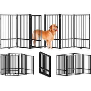 Full Metal Freestanding Dog Gate with Door, 32''Height Foldable Pet Dog Fence for Indoor & Outdoor, 6 Panels Extra Wide Free Standing TallDog Gates for Doorways,House,Stairs,Porch,Deck,Yard (Black)