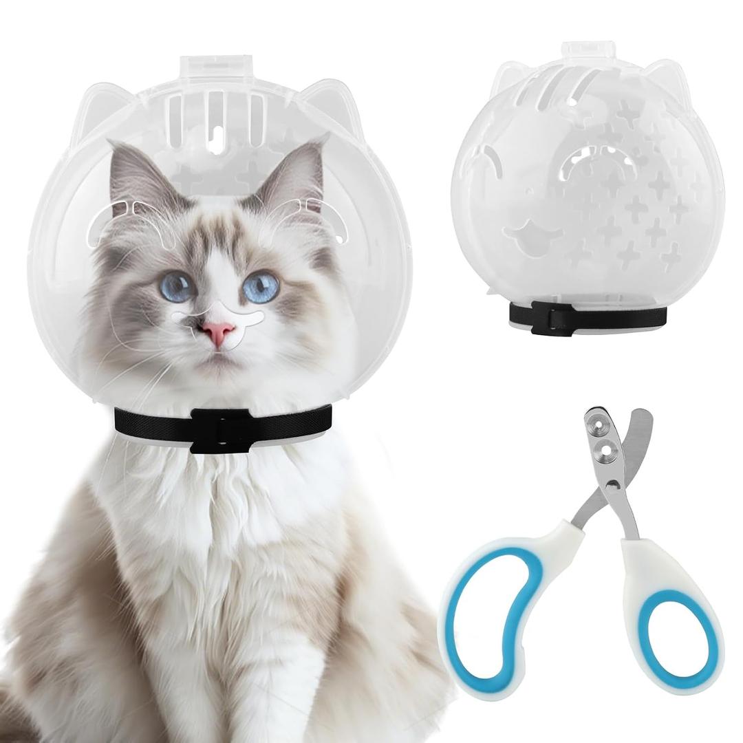 Cat Muzzle for Grooming,Adjustable Breathable Cat Transparent Muzzle,Cats Grooming Helmet with Nail Clipper,Preven t from Pet Biting Cats Bathing Shaving Grooming, 14.8 * 14.4 * 7.8cm