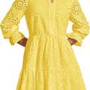 PRETTYGARDEN Women's Spring 2025 Long Puff Sleeve Mini Dress Hollow Out Lace V Neck A Line Ruffle Casual Party Dresses (Yellow, S)