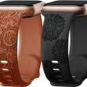 Odbeai Floral Engraved Band Compatible with Apple Watch Bands for Women 38mm 40mm 41mm 42mm 44mm 45mm 46mm 49mm,Soft Silicone Cute Sport Strap for iWatch Bands Women Series 11 10 9-1 SE Ultra1/2/3 (A-Caramel+Black)