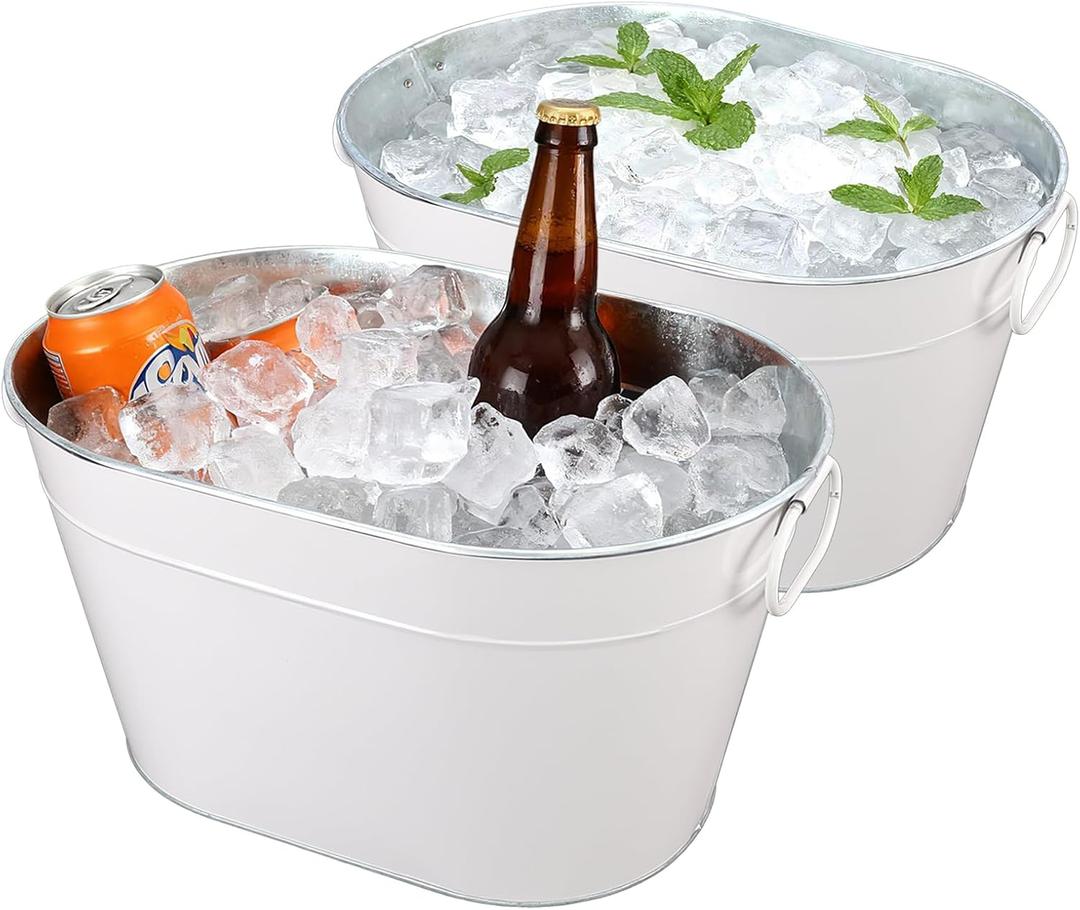 2PCS Galvanized Tub Ice Bucket for Parties, Thick Metal Galvanized Drink Buckets, Beverage Tub with Handles, Drink Bucket for Indoor & Outdoor Party (White)