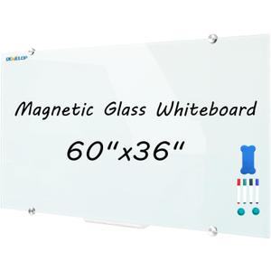 DEVELOP Large Magnetic Glass Dry Erase White Board, 60 x 36 Inch (150 x 90 cm), Frameless Glass Whiteboard on wall, Frosted White Surface, Including 4 Markers, 2 Magnets, 1 Eraser