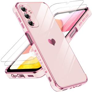 LeYi for Galaxy A14-5G Phone Case: Screen Protector [2 Pcs]+ Full Camera Lens Protection, Love Heart Plating Girly Luxury Shockproof Cell Cover Basic funda para Samsung Galaxy A 14, Pink