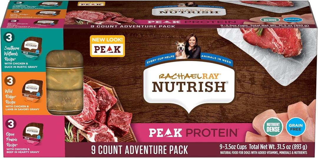 Nutrish Peak Protein Wet Dog Food Variety Pack, High Protein, Grain Free, 3.5oz Cups (Pack of 9), 2 Count (Rachael Ray), BBD: JUL 23 2026