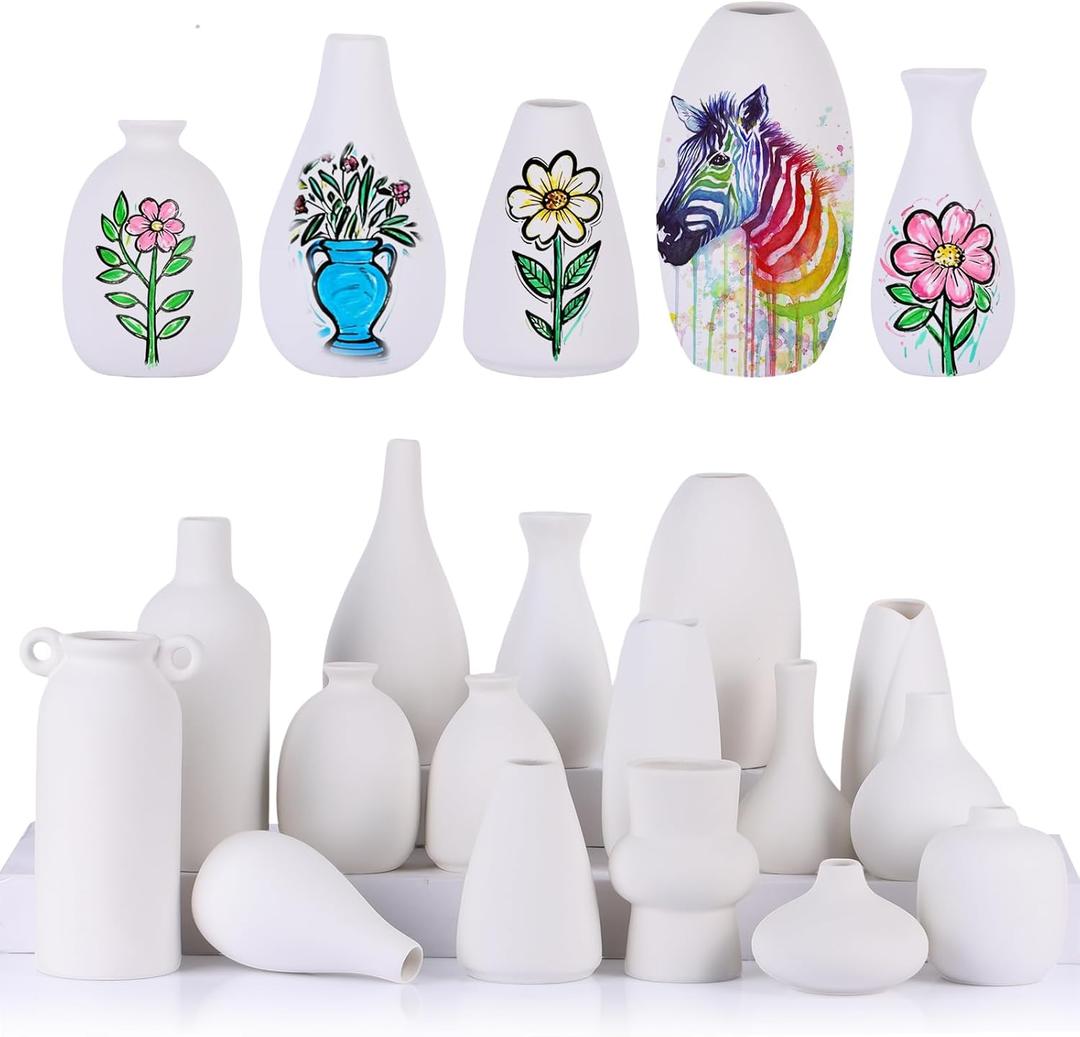 Paintable Vase Set of 16 White Small Bud Vases for Flowers, Clay Vase Bulk for Wedding Decorations Pampas Grass Centerpieces, Boho Mini Ceramic Vases for DIY Painting Home Dining Table Decor