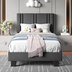 Einhomn Upholstered Twin Size Bed Frame with Linen Fabric Headboard, Strong Wooden Slats Support, Noise Free, No Box Spring Needed, Dark Grey