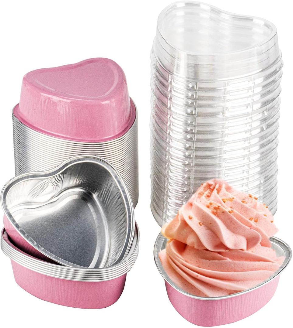 50 Pack Heart Shaped Mini Cake Pans with Lids, Small Disposable Aluminum Foil Cupcake Loaf Pans, Baking Cup Cake Tin Mold for Valentine's Mother's Day Wedding Party Birthdays (Pink, 3.4oz/100ml
