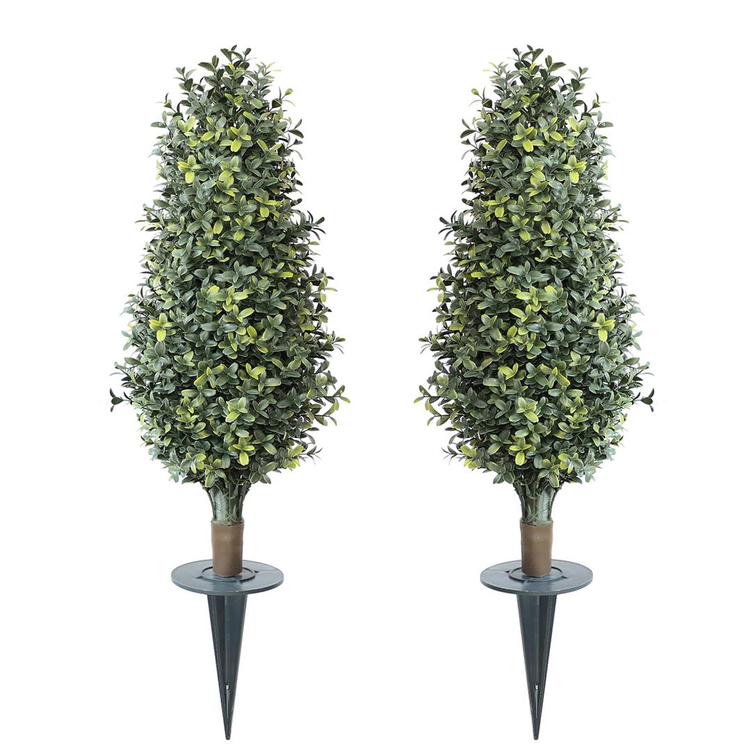 36inch Boxwood Topiary with Ground Spike, Artificial Plants Outdoor with Stake (Set of 2)