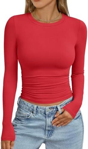 Trendy Queen Womens Long Sleeve Shirts Crop Tops Fall Fashion 2026 Going Out Basic Winter Clothes (Small)