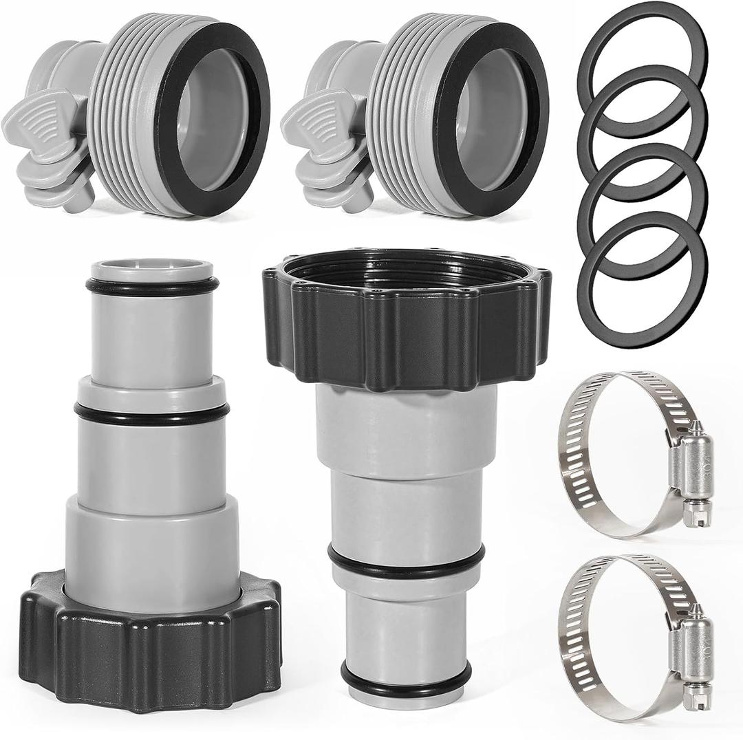 Pool Hose Adapter Kit for Above Ground Pools - 1.5" to 1.25" Dual-Size 2 Type Conversion Connectors with Clamps & Leak-Proof Washers Fit for Filter Pumps, Saltwater Systems & Pool Accessories