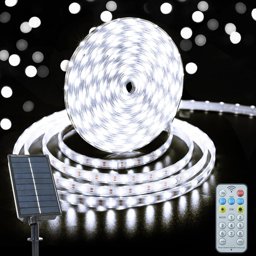 Solar Strip Lights Outdoor, 33Ft 640 LED Strip Light Cool White with Remote Timer Dimmable Outside Rope Lights Waterproof for Garden Yard Party Decor (No Adhesive)