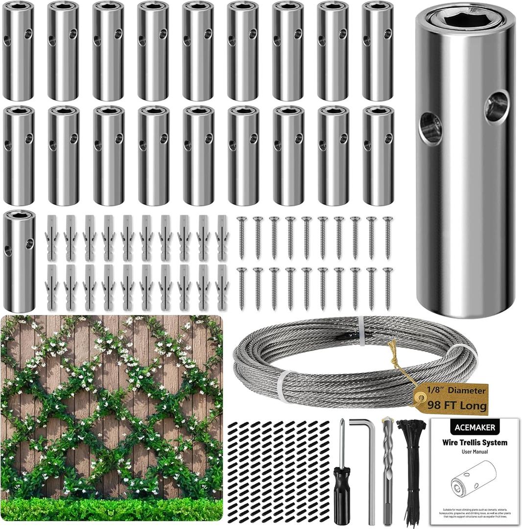 Wire Trellis for Climbing Plants Outdoor, 20-Set Wall Wire Trellis Kit with 1/8in x 98ft Stainless Steel Cable, T316 Cylindrical Espalier System for Fence and Garden DIY Projects