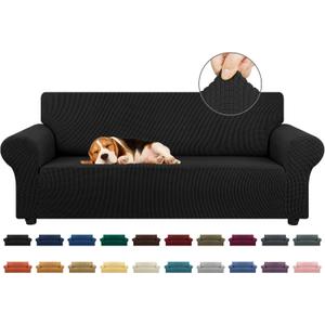 KEKUOU Stretch Sofa Cover Slipcover ，Couch Covers for 3 Cushion Couch Sofa pet Friendly (78"-94") Furniture Protector Sofa with Elastic Bottom for Kids,Dog, Jacquard Small Checked(Large,Black)