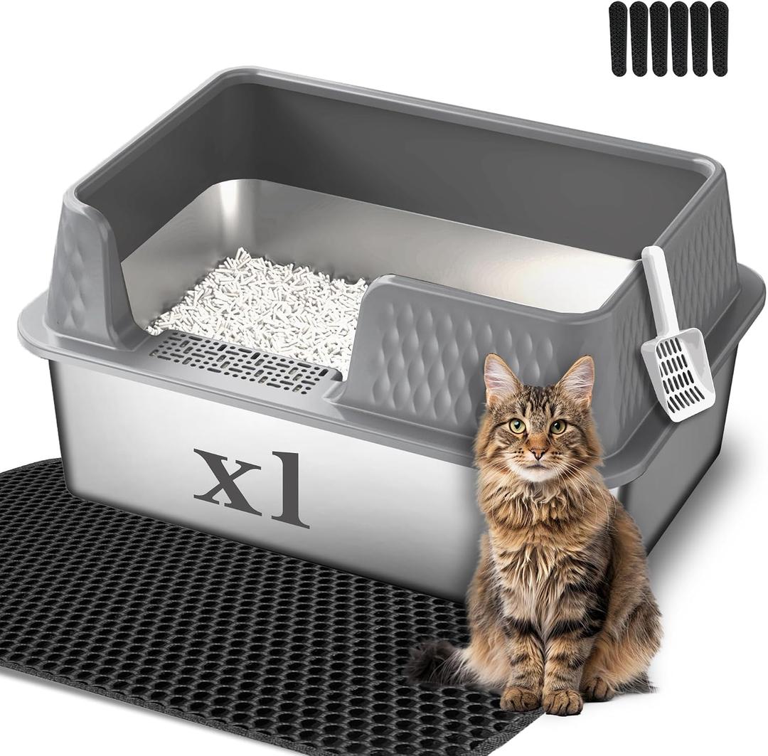 Suhaco Large Stainless Steel Litter Box Side Entry High Sides Deep Metal Cat Litter Boxes with Lid Low Entry Litter Mat and Scoop Litter Pan (Tall Grey)