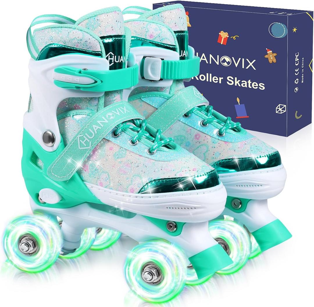 Adjustable Kids Roller Skates for Girls Boys Toddlers Teens Youth | 4 Sizes in 1, 4‑Wheel Quad Skates,Light Up Wheels,for Children Adult Indoor Outdoor Sports,Birthday Gifts, Teal, M-Big Kid-1-4 