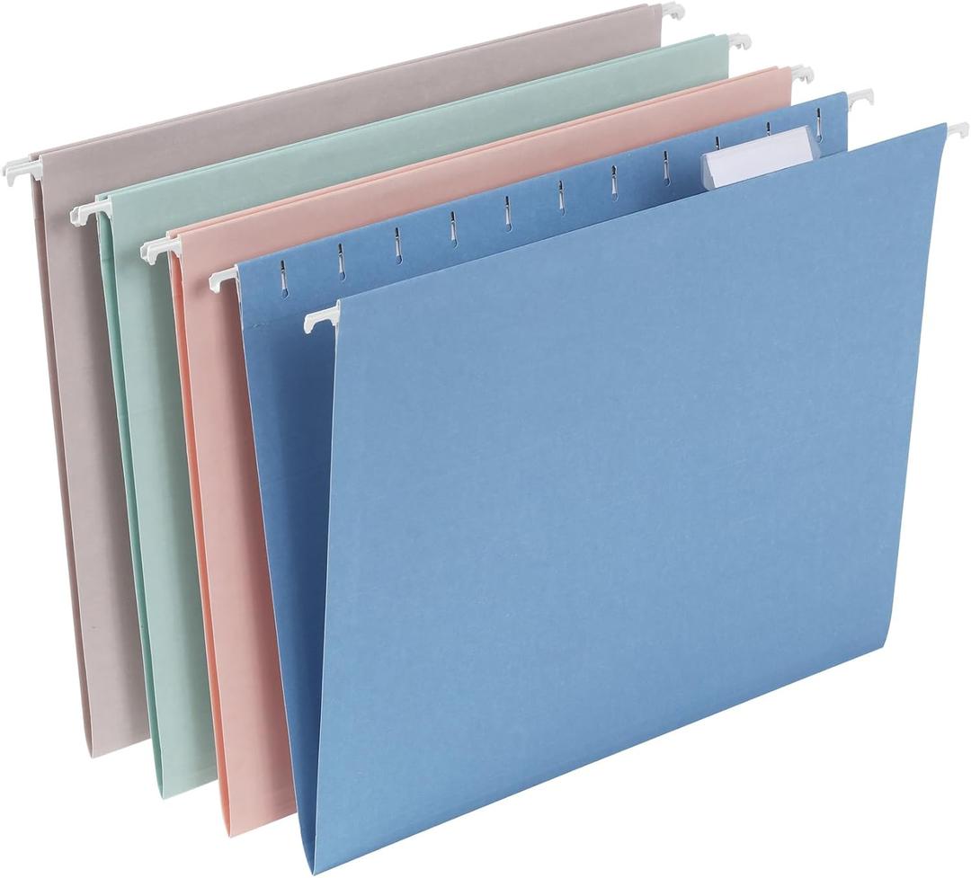 Pendaflex Hanging File Folders, 25 Pack, Letter Size (8.5" x 11"), Assorted Colors: Khaki, Peach, Light Blue, Light Green, 5 Tab Positions, Reinforced, Includes Tabs and Inserts, Durable Hanging Files
