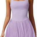 ABOCIW Womens Square Neck Tennis Dress Built in Shorts Pleated Backless Golf Athletic Dress with Pockets (Medium, Purple)