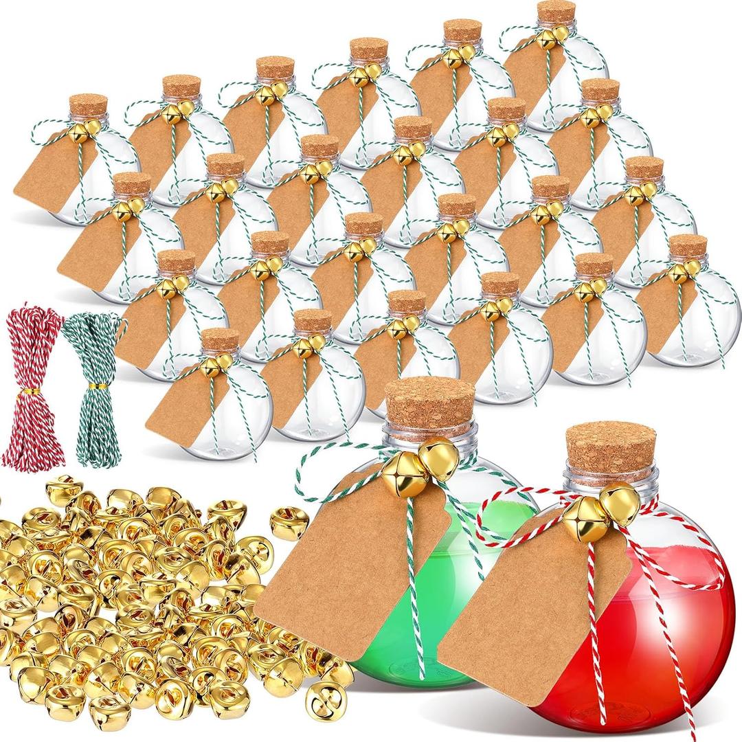 Baderke 24 Pcs 8.5 oz Christmas Spherical Plastic Potion Bottles with Corks Jingle Bells Round Candy Jars Ornament Drink Balls Christmas Booze Ball for Cocktail DIY Crafts Table Decoration(Gold)