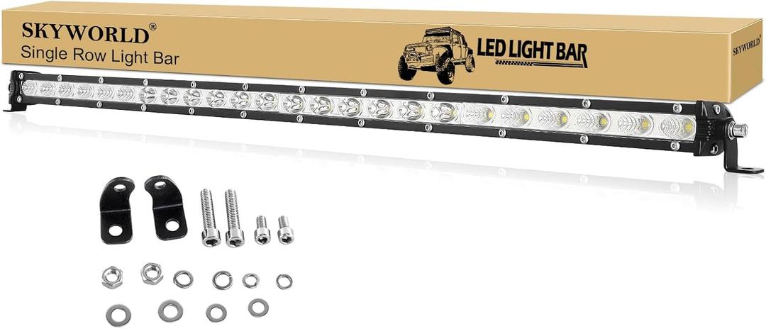 SKYWORLD 25 inch 120W Single Row LED Light Bar Low Profile Ultra Thin Slim Mini Spot Flood Combo Beam Off Road Driving Lights Led Fog Lights Boat Lighting ATV SUV UTV Truck
