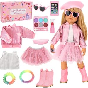 11 Pcs American 18 Inch Doll Clothes & Makeup Accessories Include Beret T-Shirt Jacket Skirt Boots Phone Doll Makeup Playset Eye Shadow Lipstic for 18 Inch Girl Dolls (NO Dolls)