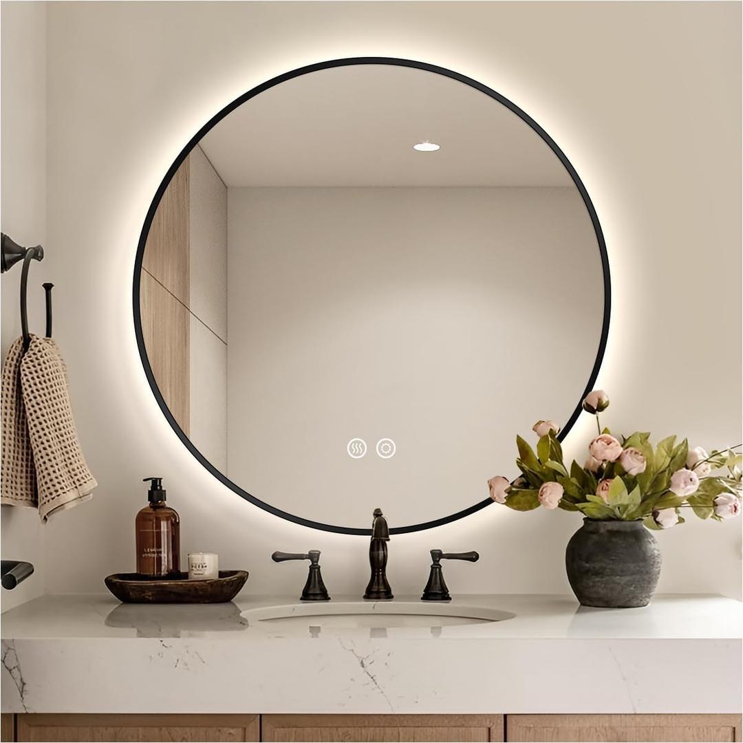 32" Black Framed Round LED Mirror for Bathroom, Backlit