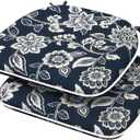 Outdoor/Indoor Chair Cushions with Ties, Waterproof All Weather Seat Cushions for Patio Furniture Home Garden Chair, Set of 2, 16x17 Inch, Elegant Vines Navy