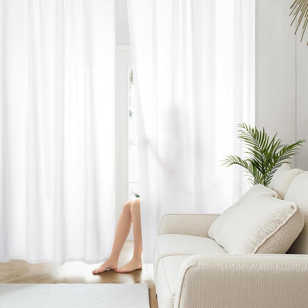 HOMEIDEAS Non-See-Through White Privacy Sheer Curtains, 52 X 96 Inches Long 2 Panels Sheer Curtains Light Filtering Window Drapes for Bedroom Living Room