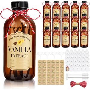 16Pcs 8 oz Amber Glass Bottle Boston Round Bottles for Vanilla Extract Homemade,Brown Vanilla Extract Bottles with Caps for Syrup Gift Glass Food Storage Canister and Sauce Beans