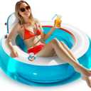 QPAU Inflatable Lounger Float with Backrest & Cup Holder, Heavy Duty Pool Floaties for Adults, 44" Thickened Pool Float Chair for Swimming, Lake, Beach Party (A-Transparent Blue)