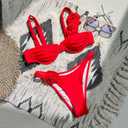 Women's 2 Piece Rose Floral Appliques Bikini Set Elegant Ruched Underwire Swimsuit High Cut Bathing Suit (Red, XS)