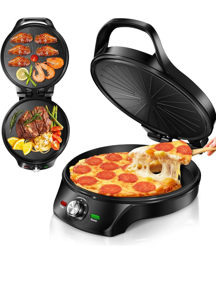 12-Inch Pizza Maker & Electric Griddle Nonstick - CACHOO Countertop Pizza Oven with 30-Min Timer & Auto Shut-Off, 180° Open Indoor Grill for Burgers, Crepes, Quesadillas, Pancakes, Omelets