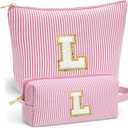 Fohufo Travel Toiletry and Makeup Bag - Travel Essentials for Women, Pink Initial Makeup Bags for Hair Ties, Clips, Brushes, Sponges, Lipsticks, Blush, Eyelash Curler, Easy to Carry, Pink Letter L