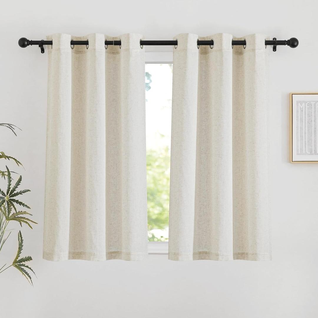 NICETOWN Natural Linen Short Curwtains 45 inches Long, Thick Flax Linen Window Treatments Privacy Assured with Light Filtering for Farmhouse/Bedroom, W42 x L45, 2 Panels