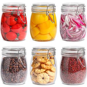 ComSaf 25oz Airtight Glass Canisters with Lids Set of 6, Round Food Storage Jar Container with Clamp Lids for Kitchen Canning Cereal Coffee Pasta Sugar Beans Spice, Clear Mason Jars with 12 Labels