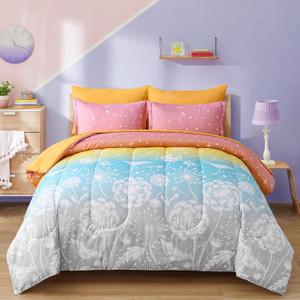 Menghomeus Girls Comforter Set Queen Size 7 Pieces Bed in A Bag Ombre Rainbow Bedding Set Dandelion Butterfly Print Kids Bedding Collections