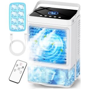Small Air Conditioner w/ 3 Speeds&3 Modes, Remote, 1100ML Tank Humidifier, 8-Cube Ice Tray, 120 Oscillating, 4 IN 1 Portable Air Conditioners, 7-Color Light, 4H Timer Desk AC Unit for Bedroom
