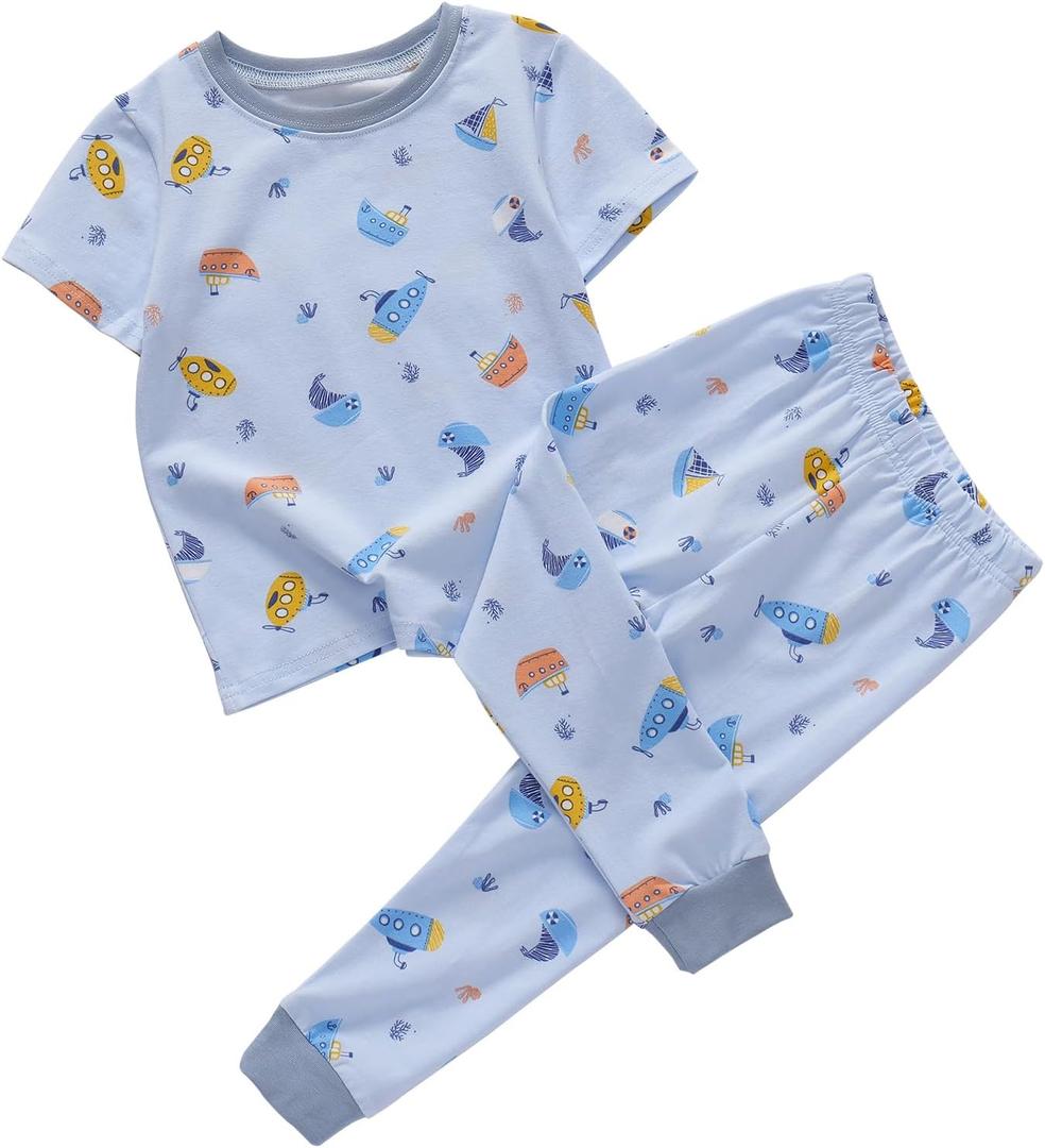 Little Boys Cotton Pajamas Sets Short Sleeve Top with Long John Snug Fit 2 Piece Sleepwear (Ships Blue)