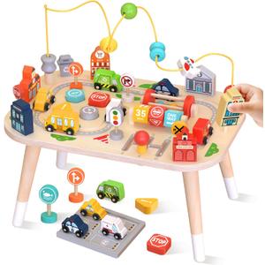 Wooden Montessori Activity Table for Toddlers, Baby Busy Table with Bead Maze, Shape Sorter, Cars & Road Signs, Traffic Learning Activity Center Sensory Toys for Birthday Gift Boys Girls 1+ Year Old