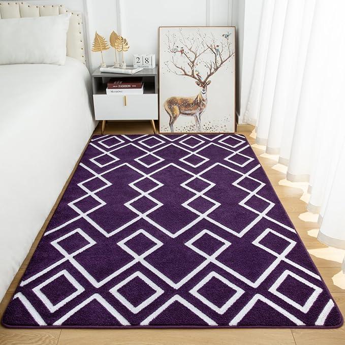 Geometric Modern Area Rug for Living Room, 4x8 Feet Purple Shag Rug for Bedroom, Fluffy Moroccan Rug with Memory Foam Carpet Dorm Room Decor for Home Bedside Girls Kids Nursery Play Mat