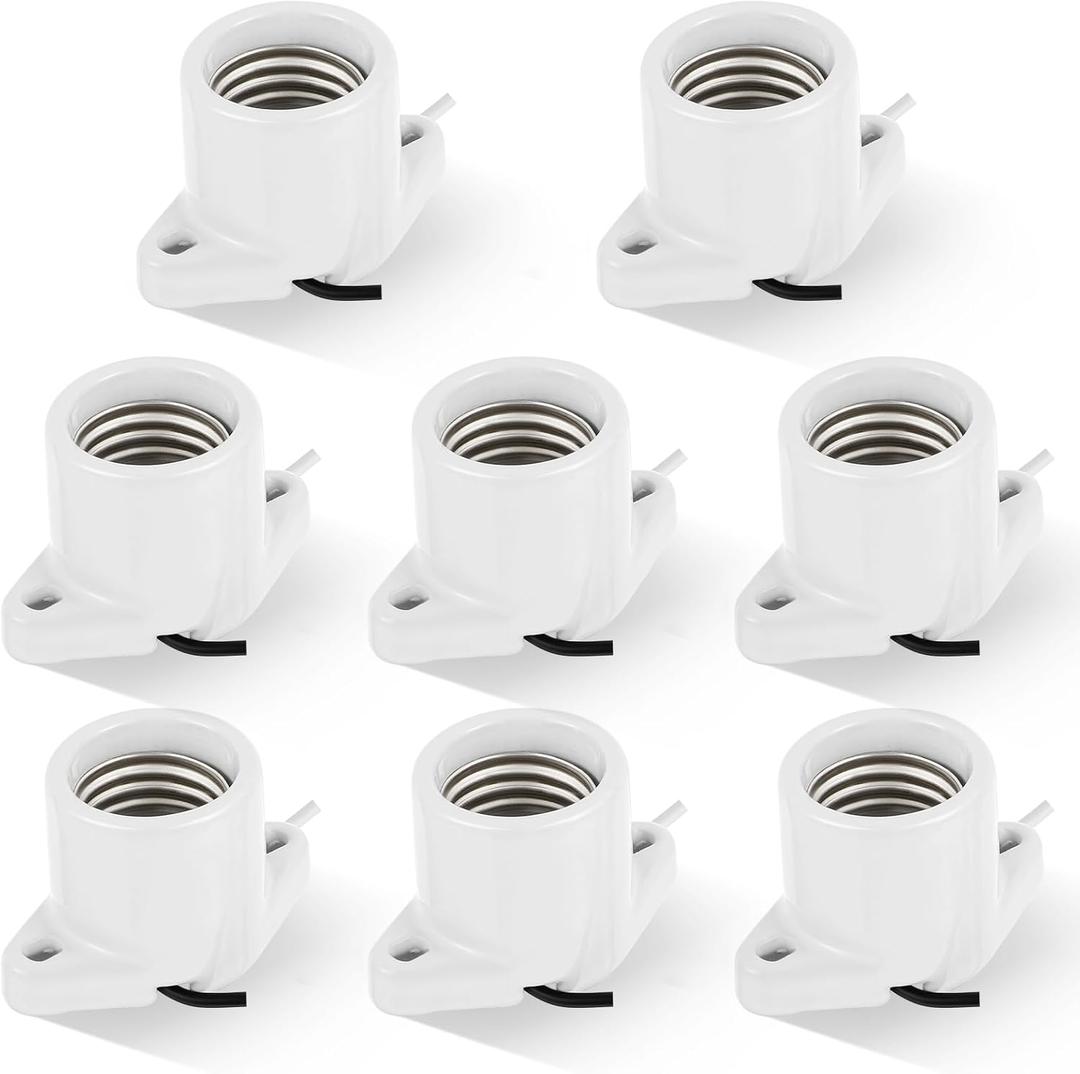 8 Pcs E26 Light Socket Porcelain Lamp Holder Socket Medium Keyless Threaded Base with Two Hole Flange Mounting and 6" Wire Indoor Garage Closet Lighting