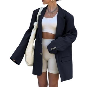Grlasen Women Casual Elegant Long Sleeve Oversized Lapel Blazers Open Front Solid Work Office Jacket Blazer (Medium, Navy Blue)