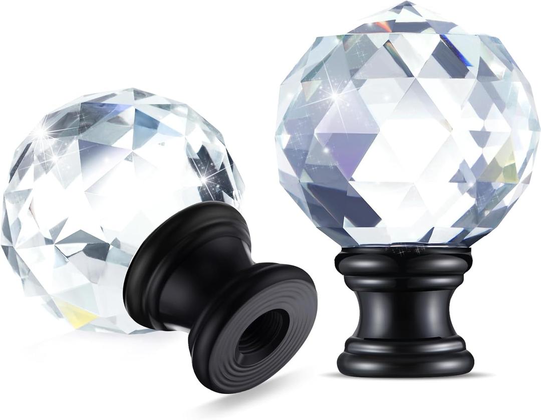 Mudder 2 Pieces Crystal Lamp Finial Cap Knob Screw Topper Clear Finial with Polished Chrome Base 1-3/4 Inches Diamond Knob for Lamp Shade Decorations(Black Base)