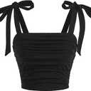 Verdusa Women's Knot Tie Shoulder Sleeveless Ruched Crop Cami Tops (Medium, Black)