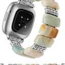 Moolia Natural Stone Bracelet Compatible with Fitbit Versa 4/Versa 3/Sense 2/Sense Band for Women, Pretty Handmade Elastic Solo Loop Beaded Western Vintage Watch Strap for Vesa 4 Band, Colorful, Medium 