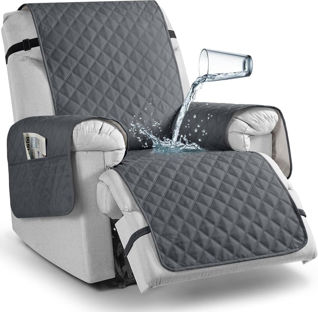 TAOCOCO 100% Waterproof Recliner Chair Covers, Reversible Recliner Covers with Leg Straps, Washable Recliner Sofa Covers for Larger Recliner Furniture Dog Protector with Pocket (Dark Grey, 28'')