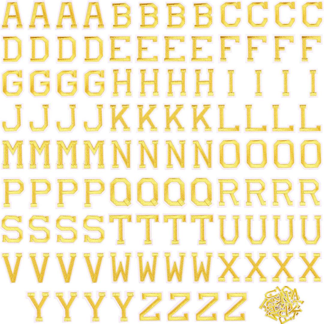 104 Pcs Iron on Letter Alphabet Fabric Patches with Ironed Adhesive Embroidered Decorate Repair A-Z Letter for Bulletin Board School T-Shirts, Jeans, Jackets, Socks, Bags, DIY(Gold)