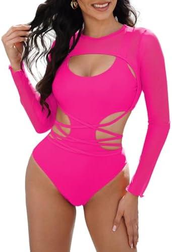 Kisscynest Women's Sexy Cutout One Piece Swimsuit Monokini with Long Sleeve Coverup Shirt,L