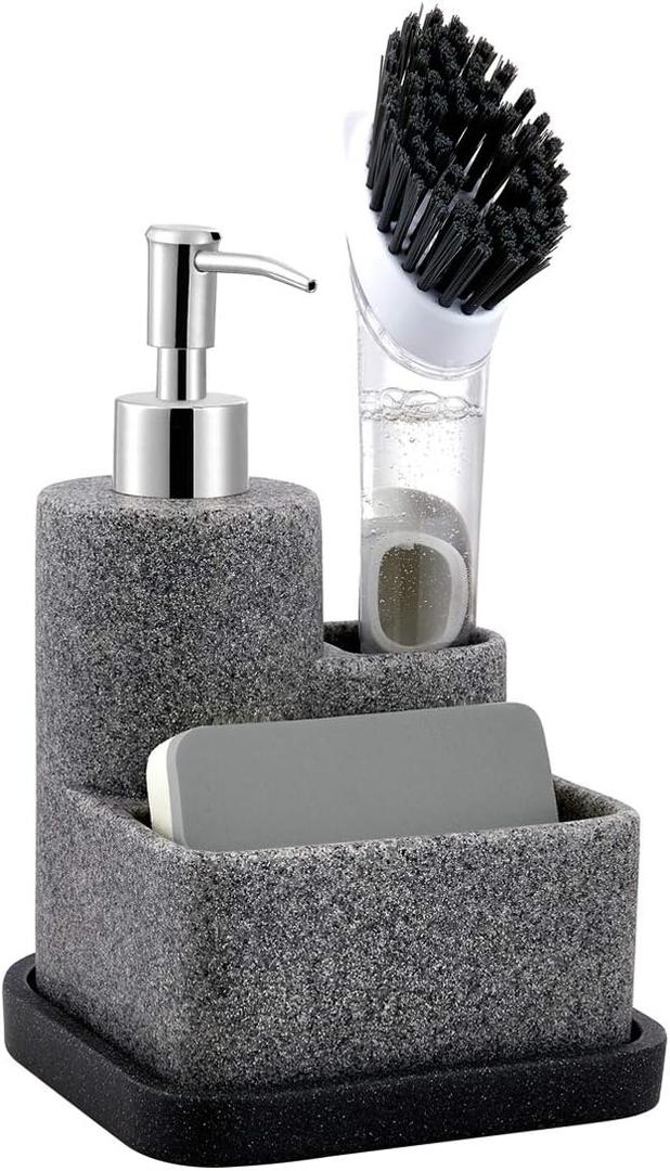 ZCCZ Black Soap Dispenser with Sponge Holder, Kitchen Soap Dispenser Pump, Sponge Caddy and Brush Holder 3 in 1 Set Organizer for Sink Countertop, Removable Tray, Marble Look (Brush NOT Included) (Granite Effect)