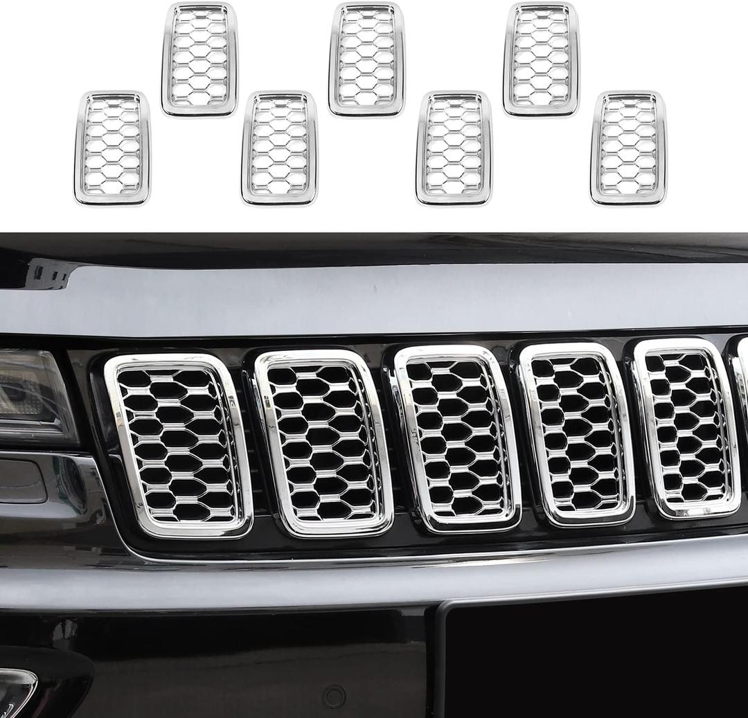 RT-TCZ 7PCS Front Grill Mesh Inserts,Rings Covers Inserts Kit for 2017 2018 2019 2020 2021 Jeep Grand Cherokee Not fit for SRT, Trackhawk & 2021 Grand Cherokee L (Chrome Mesh)